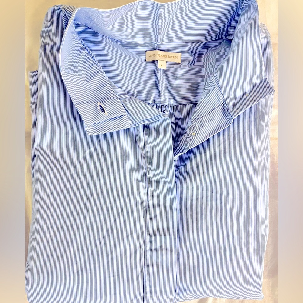 Ann Mashburn Anaya Popover shirt blue/white Bengal Stripe poplin Sz L